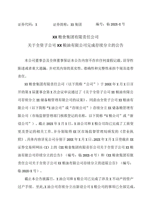 XX粮食集团有限责任公司关于全资子公司金健植物油有限公司完成存续分立的公告.docx