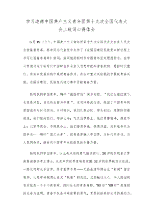 学习遵循中国共产主义青年团第十九次全国代表大会上致词心得体会.docx