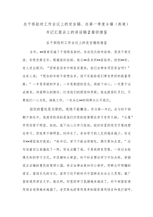在干部驻村工作会议上的发言稿、在第一季度乡镇（街道）书记汇报会上的讲话稿2篇供借鉴.docx