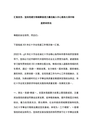 汇报发言：坚持党建引领凝聚奋进力量在融入中心服务大局中彰显使命担当.docx