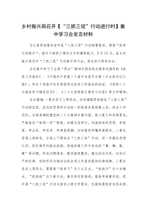 乡村振兴局召开【“三抓三促”行动进行时】集中学习会发言材料（3篇）.docx