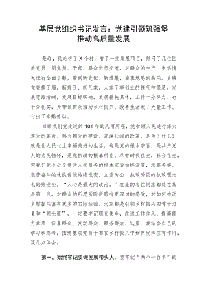 【研讨发言】基层党组织书记发言：党建引领 筑强堡 推动高质量发展.docx
