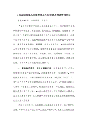 2篇在制造业高质量发展工作座谈会上的讲话稿范文.docx