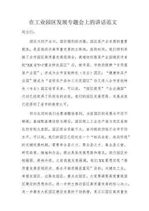 在工业园区发展专题会上的讲话范文.docx