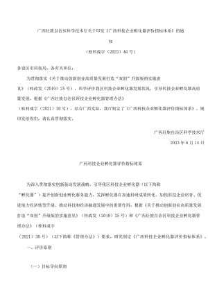 广西壮族自治区科学技术厅关于印发《广西科技企业孵化器评价指标体系》的通知.docx