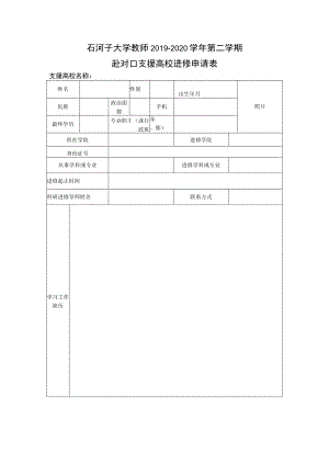石河子大学教师2019-2020学年第二学期赴对口支援高校进修申请表.docx