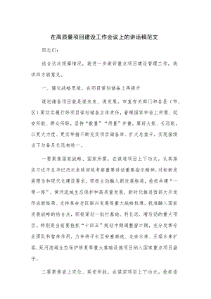 在高质量项目建设工作会议上的讲话稿范文.docx