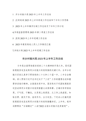 七篇：乡村振兴、财政、河长制、市场监督、医院、教育、统计部门2023年上半年工作总结范文.docx