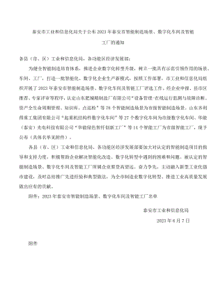 泰安市工业和信息化局关于公布2023年泰安市智能制造场景、数字化车间及智能工厂的通知.docx