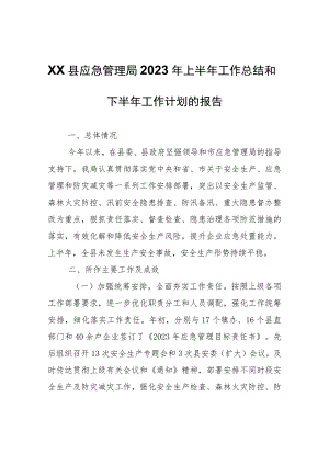XX县应急管理局2023年上半年工作总结和下半年工作计划的报告.docx