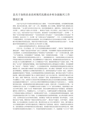 县关于加快农业农村现代化推动乡村全面振兴工作情况汇报.docx