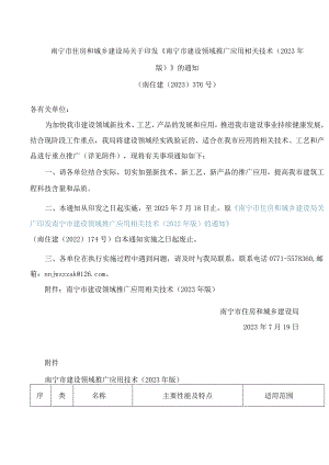 南宁市住房和城乡建设局关于印发《南宁市建设领域推广应用相关技术(2023年版)》的通知.docx