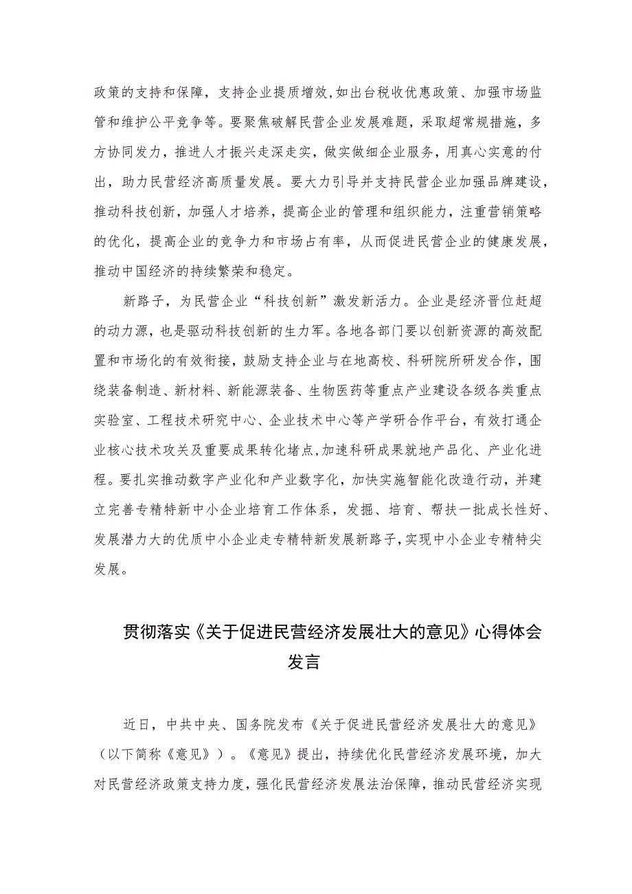 2023学习贯彻《关于促进民营经济发展壮大的意见》心得体会发言（共10篇）.docx_第2页