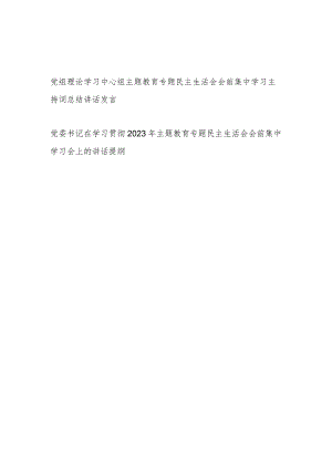 局党组理论学习中心组党委书记在2023年主题教育专题民主生活会会前集中学习主持词总结讲话发言提纲2篇.docx