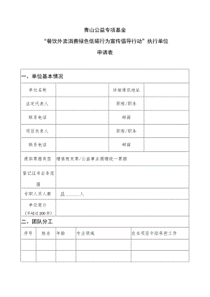 青山公益专项基金“餐饮外卖消费绿色低碳行为宣传倡导行动”执行单位申请表.docx