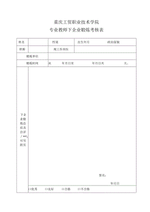 重庆工贸职业技术学院专业教师下企业锻炼考核表.docx