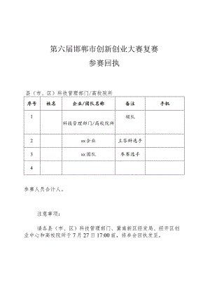 第六届邯郸市创新创业大赛复赛参赛回执.docx