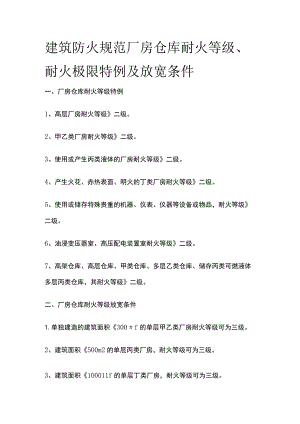建筑防火规范 厂房仓库耐火等级、耐火极限特例及放宽条件.docx