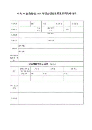 XX省委党校202X年硕士研究生招生预调剂申请表.docx