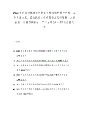 2023年医药领域腐败问题集中整治调研报告材料、工作实施方案、医院院长工作动员会上的讲话稿、工作报告、自查自纠报告、工作总结（共六篇）供.docx