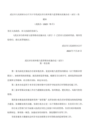武汉市人民政府办公厅关于印发武汉市行政审批与监管联动实施办法(试行)的通知.docx