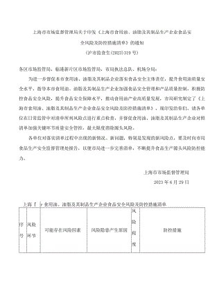 上海市市场监督管理局关于印发《上海市食用油、油脂及其制品生产企业食品安全风险及防控措施清单》的通知.docx