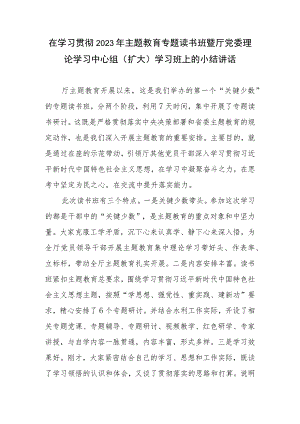 在学习贯彻2023年主题教育专题读书班暨厅党委理论学习中心组（扩大）学习班上的小结讲话发言.docx