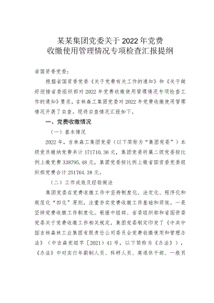 某某集团党委关于2022年党费收缴使用管理情况专项检查汇报提纲.docx