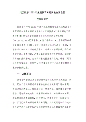党委班子2023年主题教育专题民主生活会整改方案范文.docx