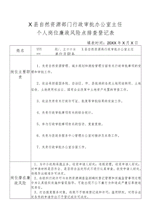 某县自然资源部门行政审批办公室主任个人岗位廉政风险点排查登记表.docx