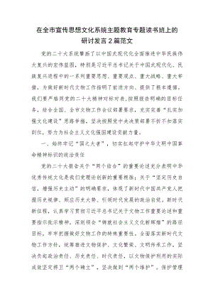 在全市宣传思想文化系统主题教育专题读书班上的研讨发言2篇范文.docx