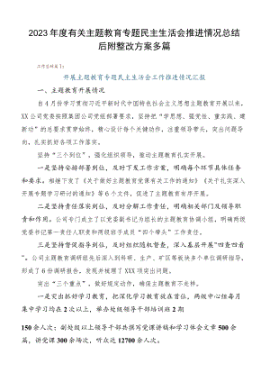 2023年度有关主题教育专题民主生活会推进情况总结后附整改方案多篇.docx