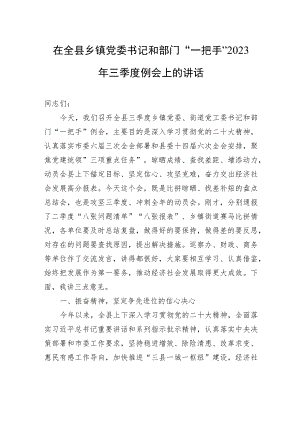 在全县乡镇党委书记和部门“一把手”2023年三季度例会上的讲话.docx