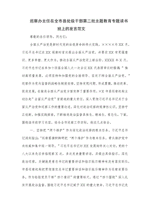 巡察办主任在全市县处级干部第二批主题教育专题读书班上的发言范文.docx