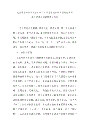 党务骨干培训会发言：树立体系思维提升教育质效 打赢网络违规违纪问题防范主动仗 .docx