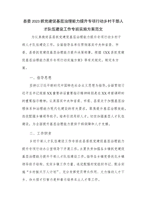 县委2023抓党建促基层治理能力提升专项行动乡村干部人才队伍建设工作专班实施方案范文.docx