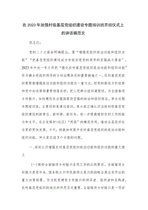 在2023年加强村级基层党组织建设专题培训班开班仪式上的讲话稿范文.docx