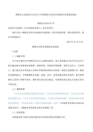 鹤壁市人民政府办公室关于印发鹤壁市自然灾害救助应急预案的通知(2023修订).docx