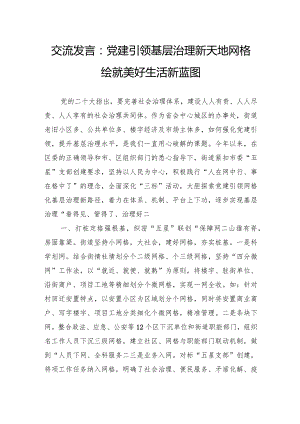 交流发言：党建引领基层治理新天地网格绘就美好生活新蓝图.docx