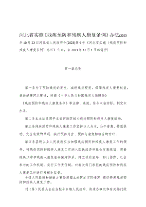 《河北省实施《残疾预防和残疾人康复条例》办法》（河北省人民政府令〔2023〕第9号《河北省实施〈残疾预防和残疾人康复条例〉办法》公布自2.docx