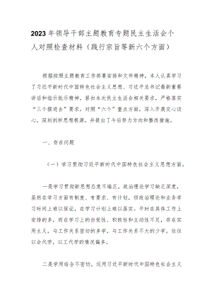 2023年领导干部主题教育专题民主生活会个人对照检查材料(践行宗旨等新六个方面).docx