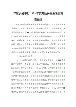 某区委副书记2023年度专题民主生活会发言提纲.docx