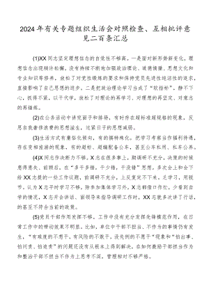 2024年有关专题组织生活会对照检查、互相批评意见二百条汇总.docx