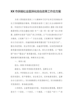 XX市供销社全面深化综合改革工作总方案.docx