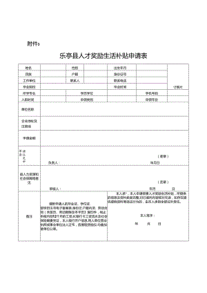 乐亭县人才生活补贴申请表.docx