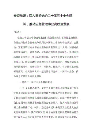 党课：深入贯彻党的二十届三中全会精神推动应急管理事业高质量发展.docx