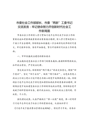 市委社会工作部部长、市委“两新”工委书记交流发言：牢记使命 努力开创新时代社会工作新局面.docx