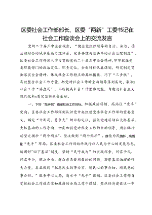 区委社会工作部部长、区委“两新”工委书记在社会工作座谈会上的交流发言.docx