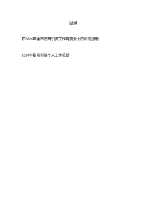 在2024年全市招商引资工作调度会上的讲话提纲、2024年招商引资个人工作总结.docx