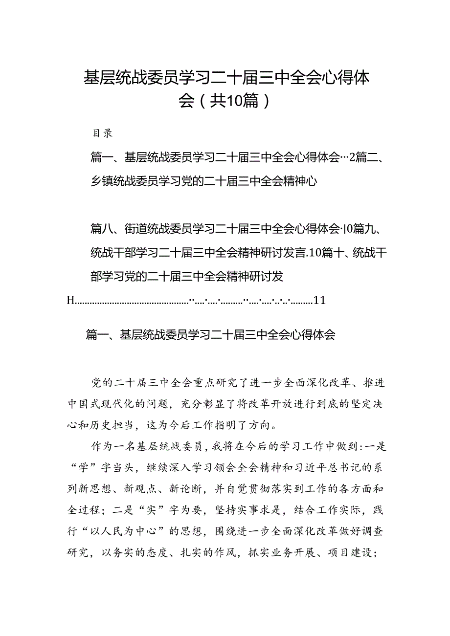 （10篇）基层统战委员学习二十届三中全会心得体会（精选）.docx_第1页